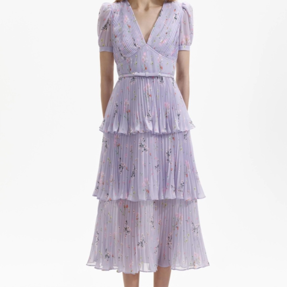 Self-Portrait Purple Tiered Puff Sleeve Midi Dress